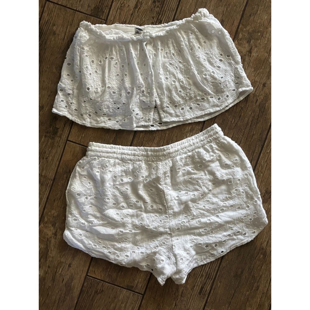 White Hollister 2 pc Bandeau Tube Top Shorts Set Cropped Small S High Waist - Picture 2 of 6